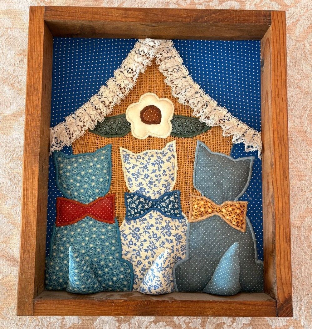 Cotttagecore Handmade Rustic Framed Quilted Cats Kittens Mittens Scene 14x12 VTG